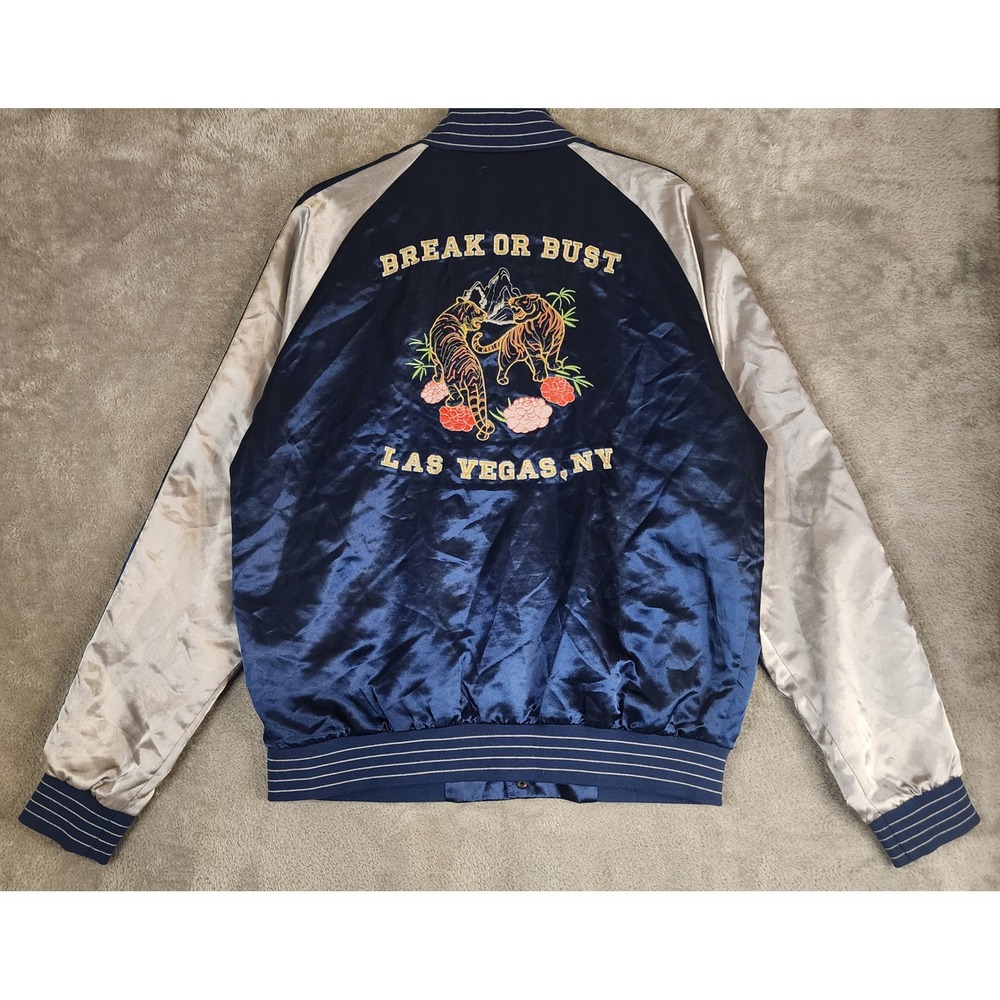 Forever 21 Jacket Mens Large Navy Silver Satin Tiger Souvenir Break or Bust